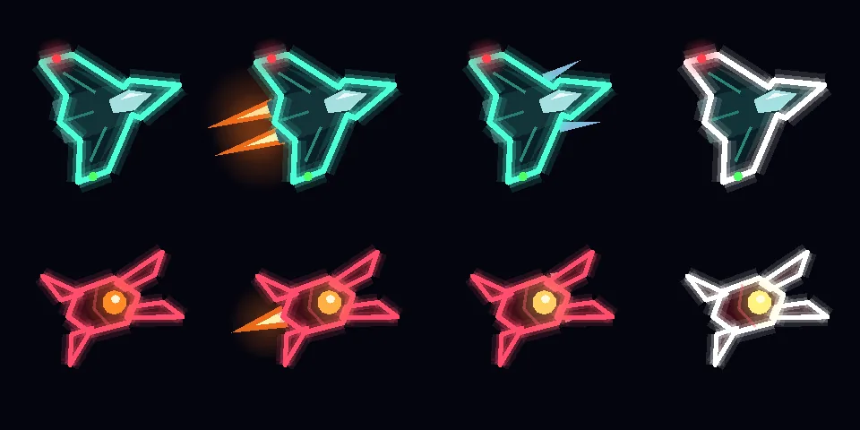 Spieler- und Gegnerschiffe im Neon-Vektor-Stil